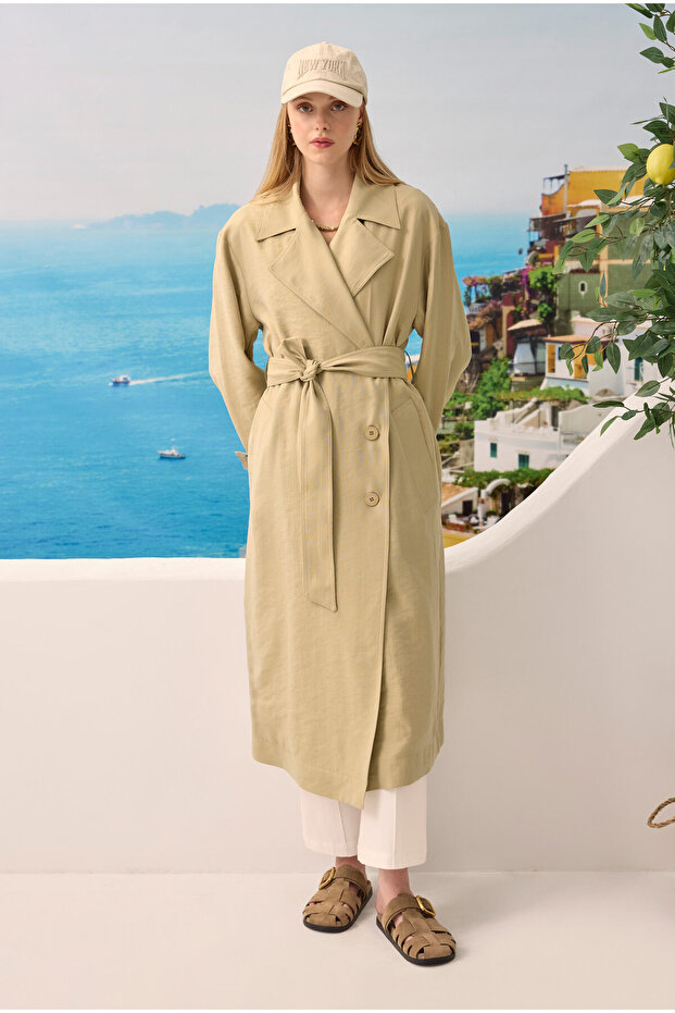 Buttoned Long Trench Coat Sage - 1