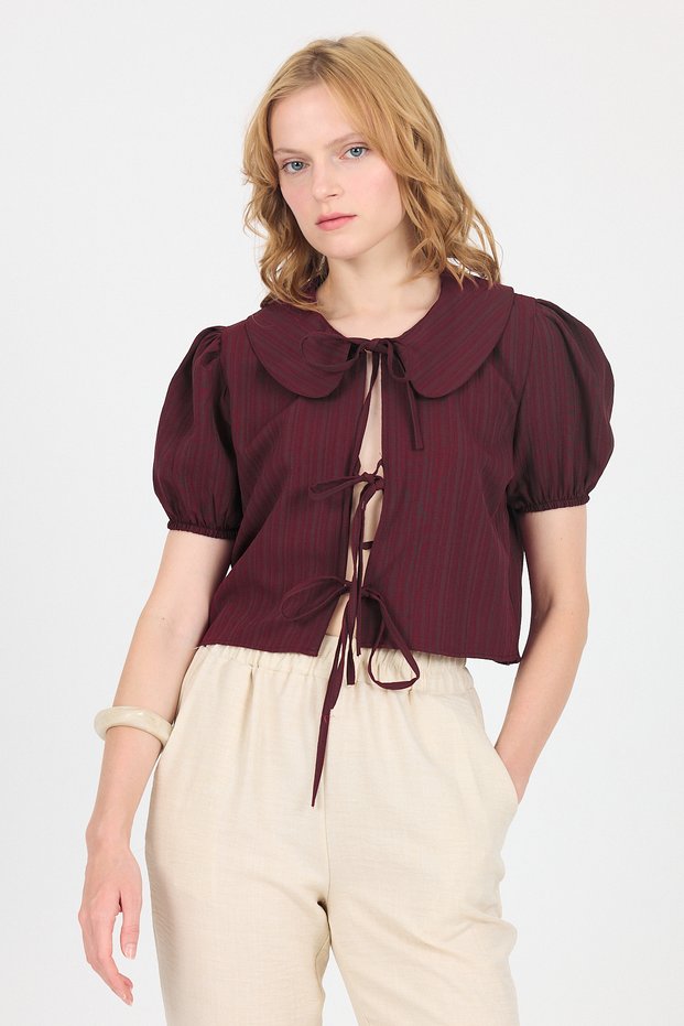 Burgundy Tie Detailed Baby Collar Crop Blouse 8064