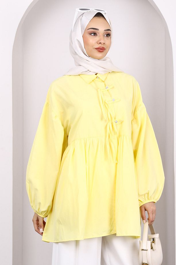 Sarı Kol Lastikli Ön Düğmeli Tunik - 3
