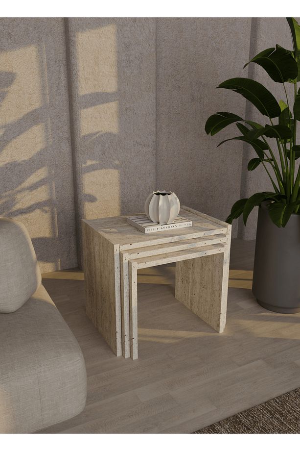 Helsinki 3lü Zigon Sehpa İskandinav Traverten Desen Modern Zigon Sehpa - 2