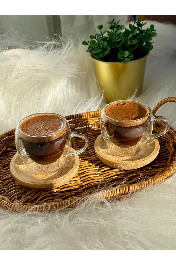 Kahve fincan takımı 2 kişilik çift çidarlı bambu altlıklı - 1