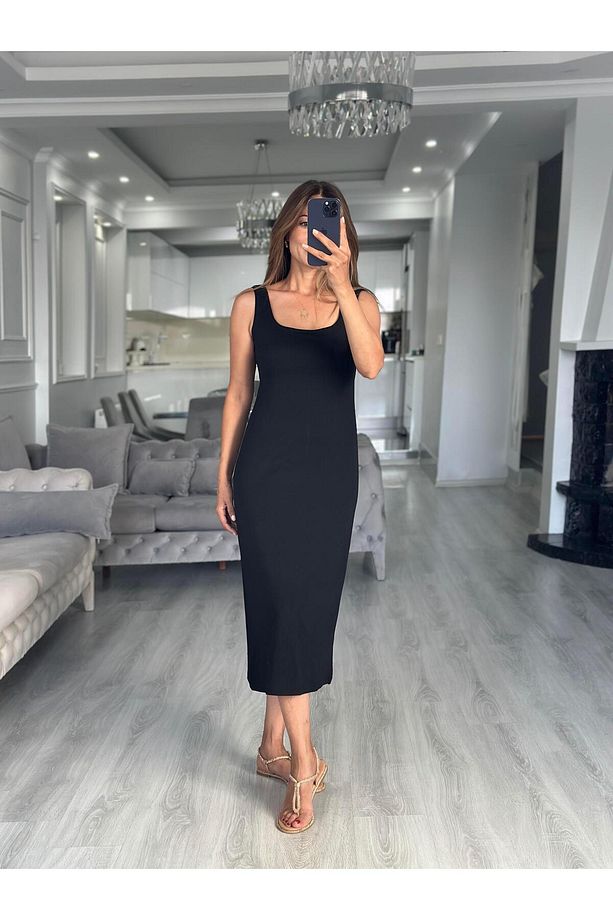 Siyah Kare Yaka Düz Basic Midi Boy Kadın Elbise - 6