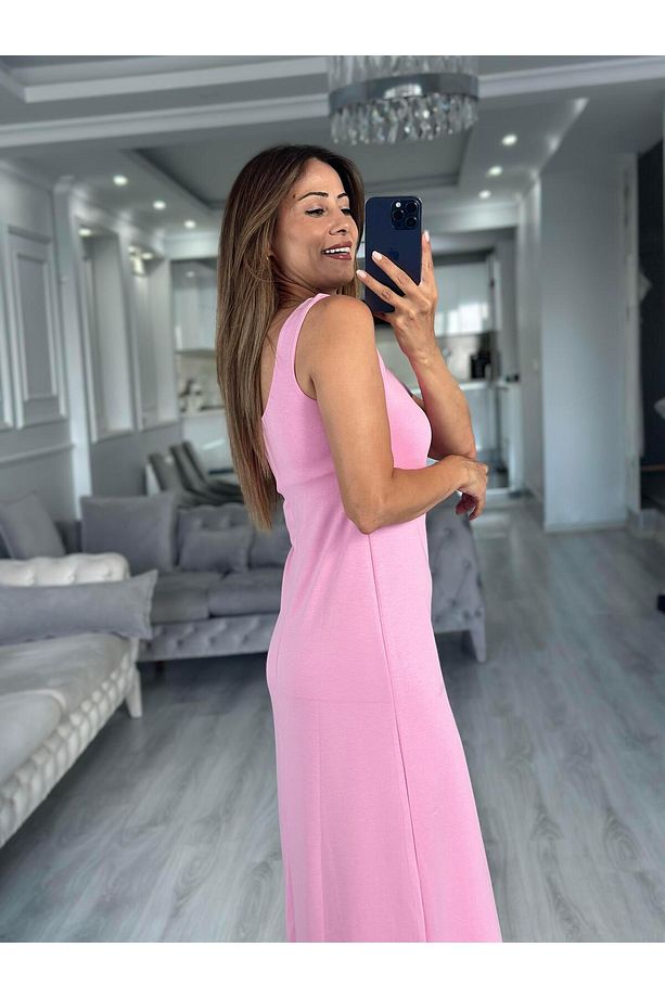 Pembe Kare Yaka Düz Basic Midi Boy Kadın Elbise - 3