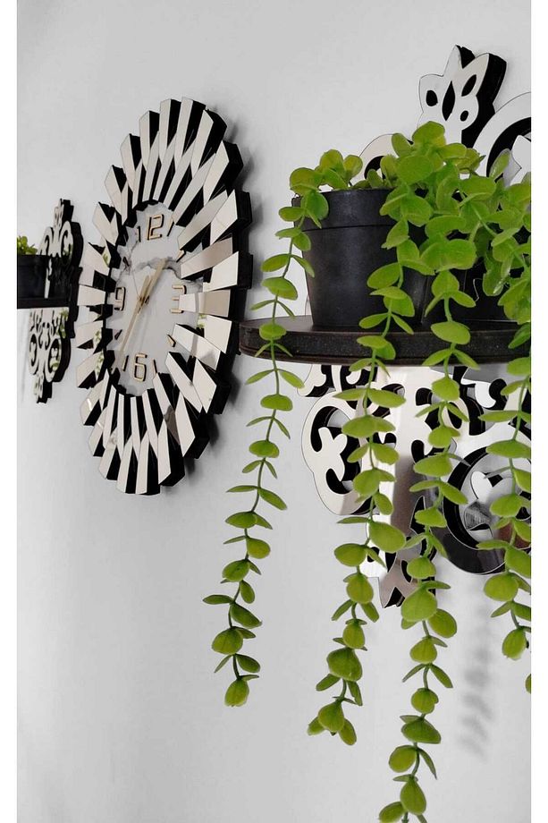 3 LÜ SET ÖZEL AHŞAP KUTUSUNDA MODERN IŞIKLI PİANO DUVAR SAATİ 50 CM GÜMÜŞ 2 ADET RAF (25X45 CM) - 3