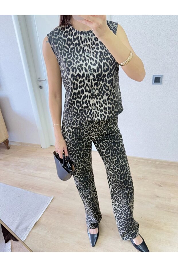 Leopard Print Buttoned Blouse and Trousers Double Set -Leopard - 5