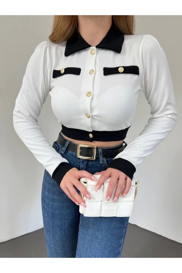 سترة قصيرة مفصلة بجيب بأزرار - أبيض - 2