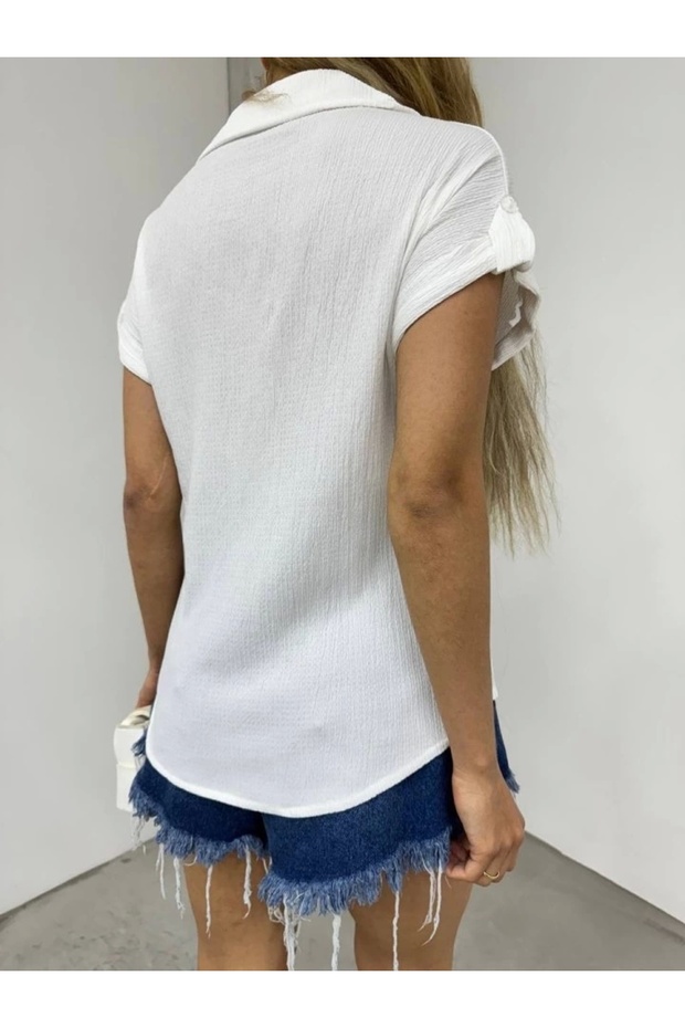 قميص ملفوف بأكمام مزدوجة وجيب واحد - أبيض - 2