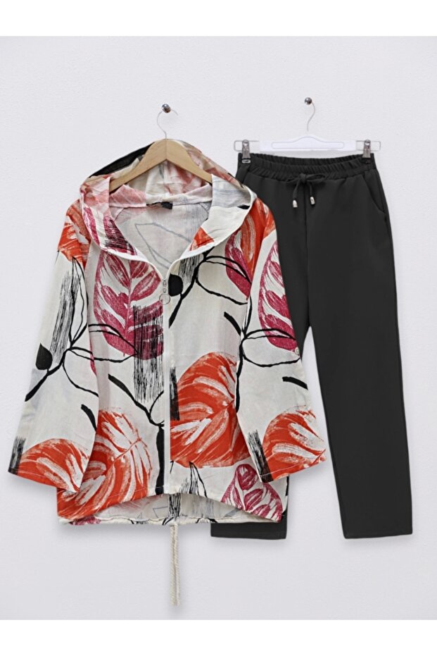 سترة من الكتان بتصميم مُزخرف بسحاب وغطاء للرأس - برتقالي - 7