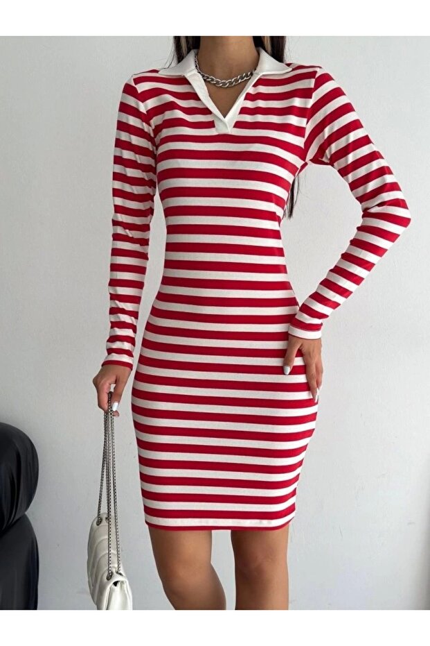 فستان مخطط بأكمام طويلة وياقة - أحمر - 1