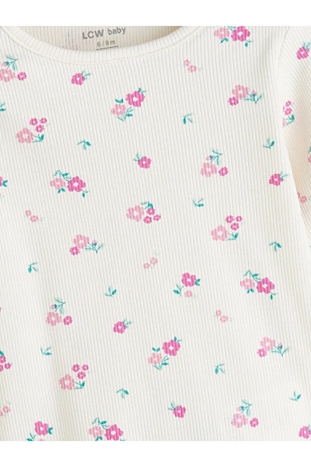 LCW baby Ekru Bisiklet Yaka Çiçekli Kız Bebek Pijama Takımı - 3