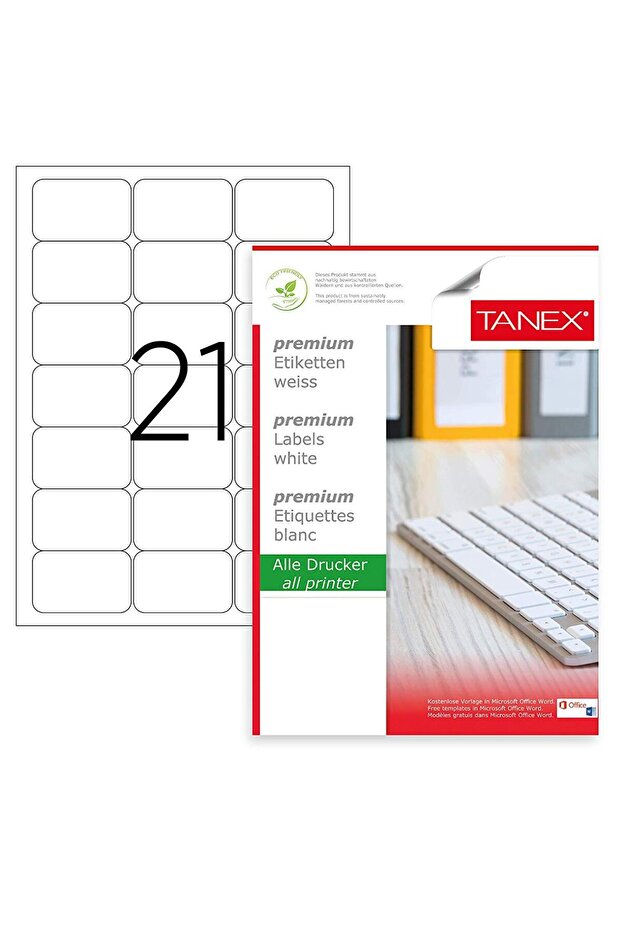 Set of 2100 self-adhesive labels, 100 sheets A4, 21 labels/sheet, 63.5x38.1 mm, round corners, - 1