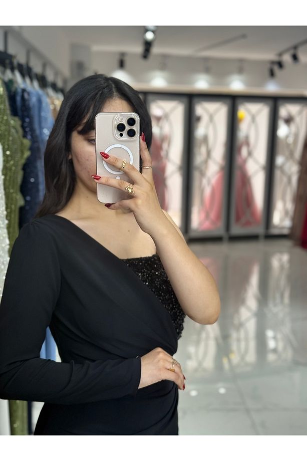 Tek Omuz Göğüs İşleme Midi Boy Abiye Elbise - 4