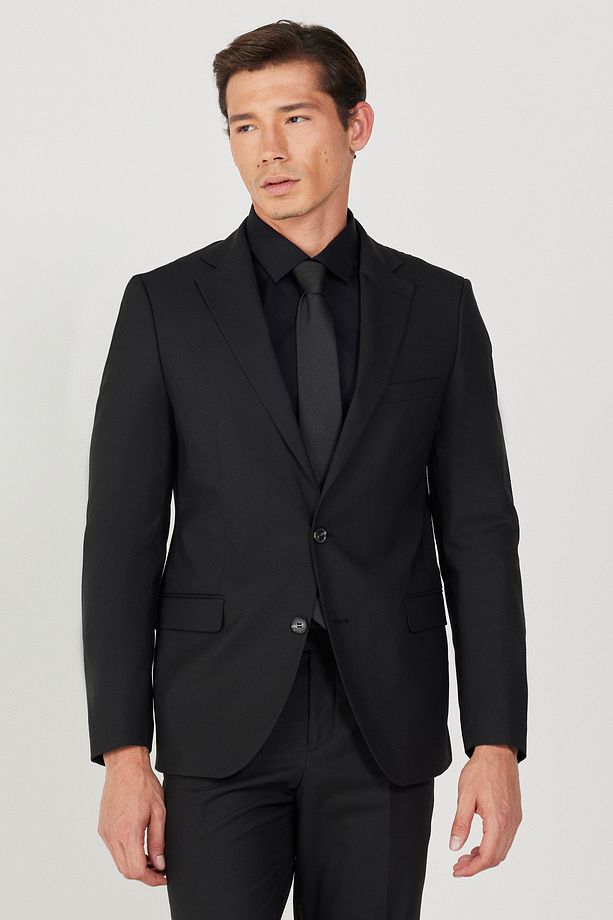Erkek Siyah Su Geçirmez Slim Fit Dar Kesim Mono Yaka Yünlü Nano Takım Elbise - 3