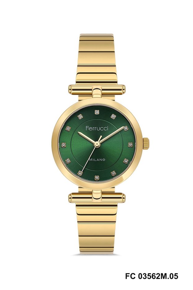 Ferrucci̇ Gold Metal Woman Wrist Watch with Green Dial