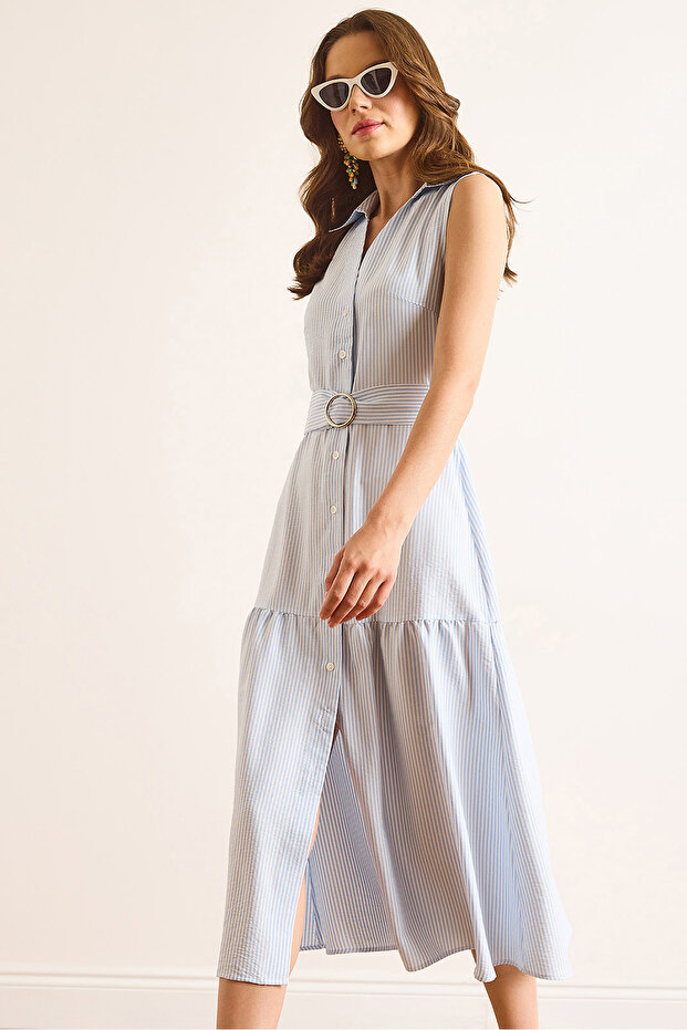 Women's Blue Belted Striped Button Maxi Dress Elb-19002510