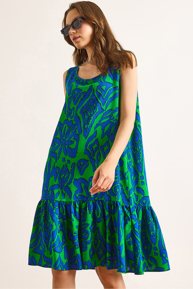 Women's Green Blue Skirt Flounced Woven Viscose Dress Elb-19002502