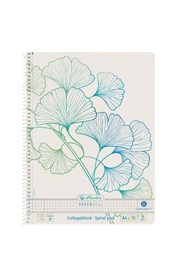 Greenline Notebook A4, White, Material Paper, 70 Sheets, Spiral Bound, Grid Format, Ginkgo Design - 1