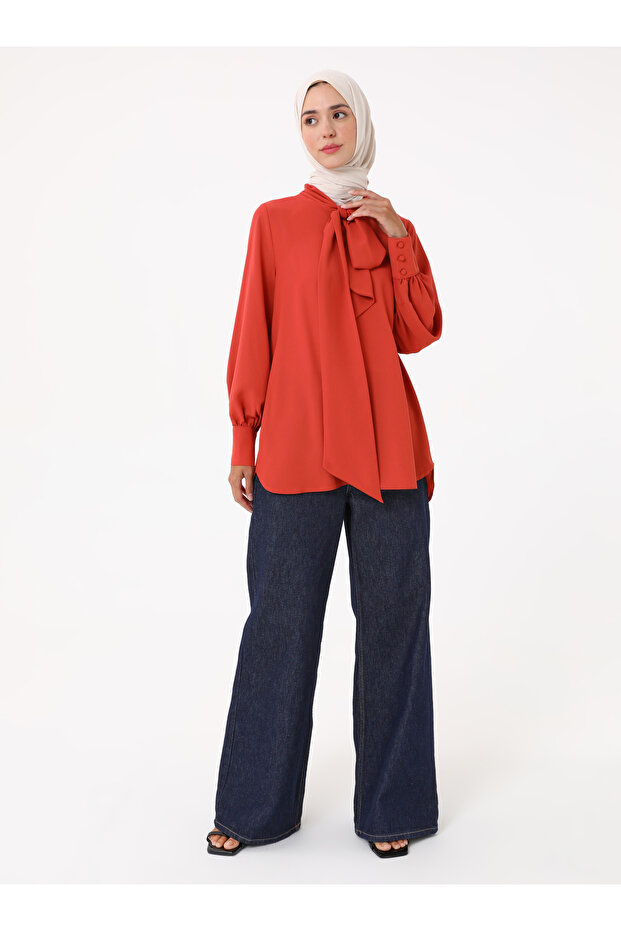 Soft Button Collar Tie Tunic - Cinnamon - - 6