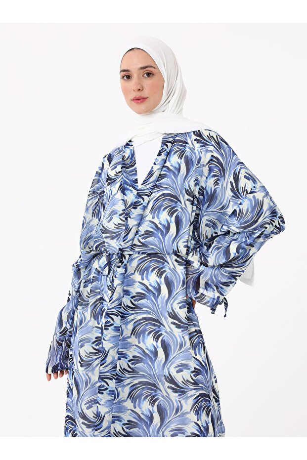 Printed Chiffon Kimono - Blue Patterned- - 6