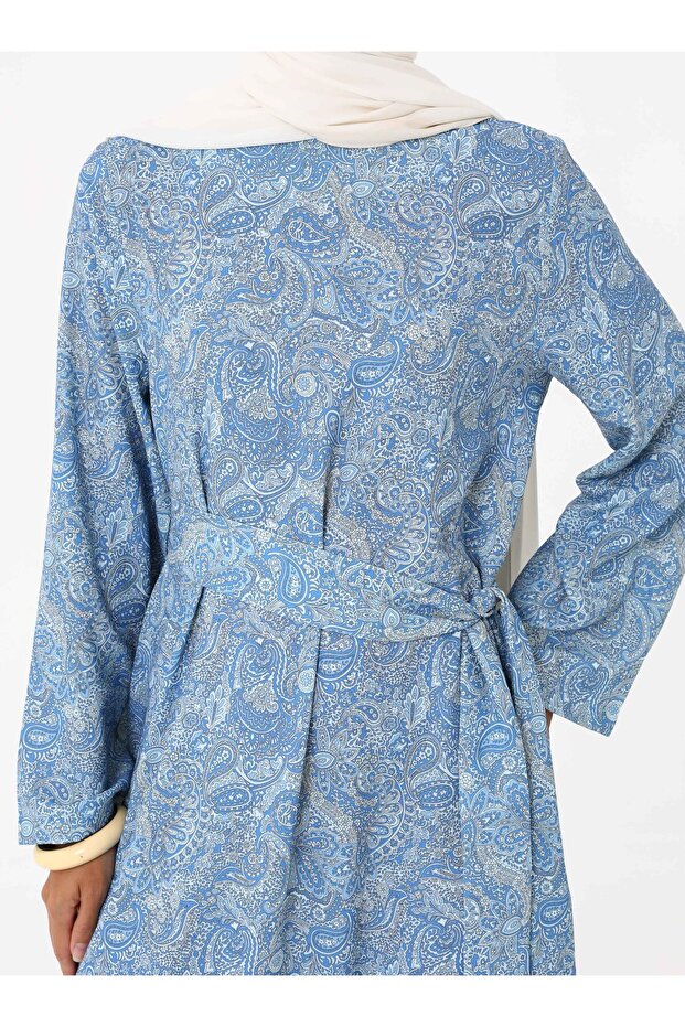 Baskılı Tesettür Elbise - Mavi - - 3