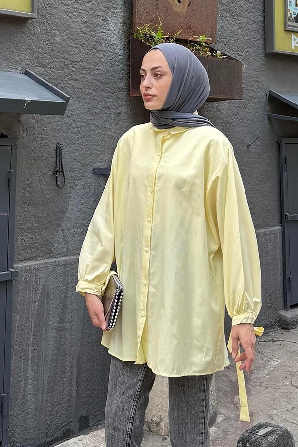 Kol Detaylı Gömlek Oversize Gömlek Sarı - 2