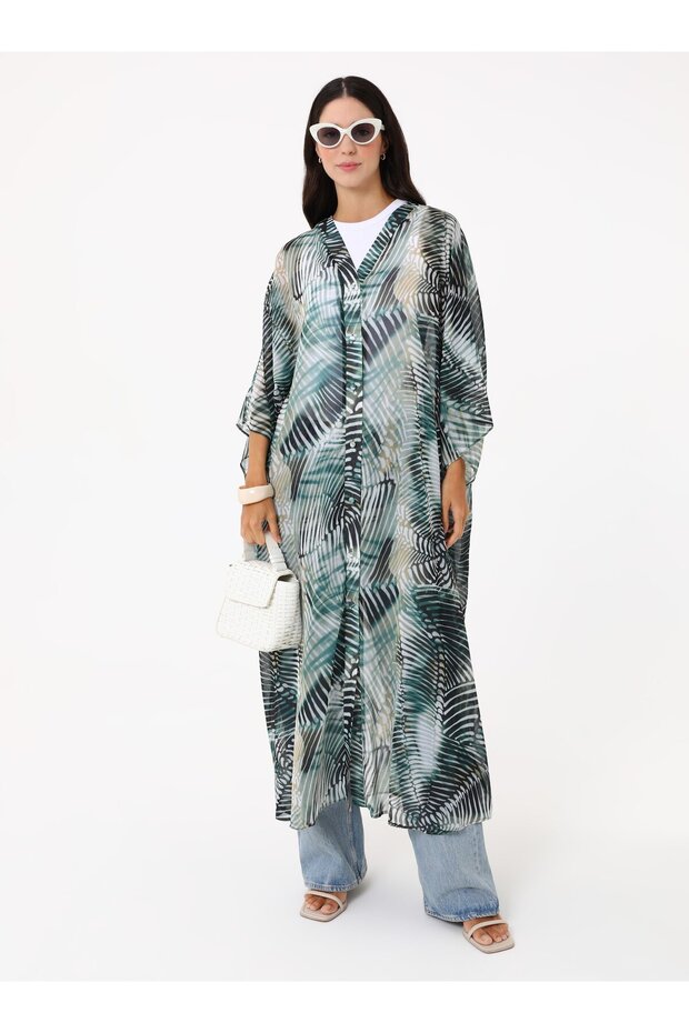 عباية شيفون طويلة منقوشة - كاكي منقوش - - 1