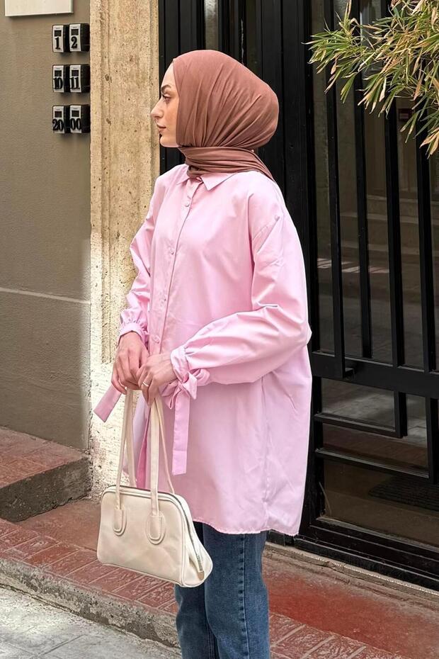 Kol Detaylı Gömlek Oversize Gömlek Pembe - 2