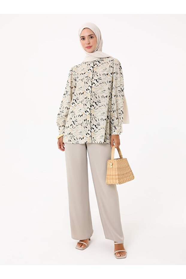 Çiçek Baskılı Vual Tunik - Krem - - 1
