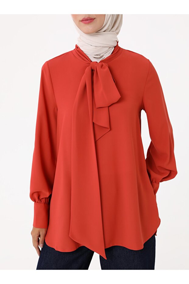 Soft Button Collar Tie Tunic - Cinnamon - - 3