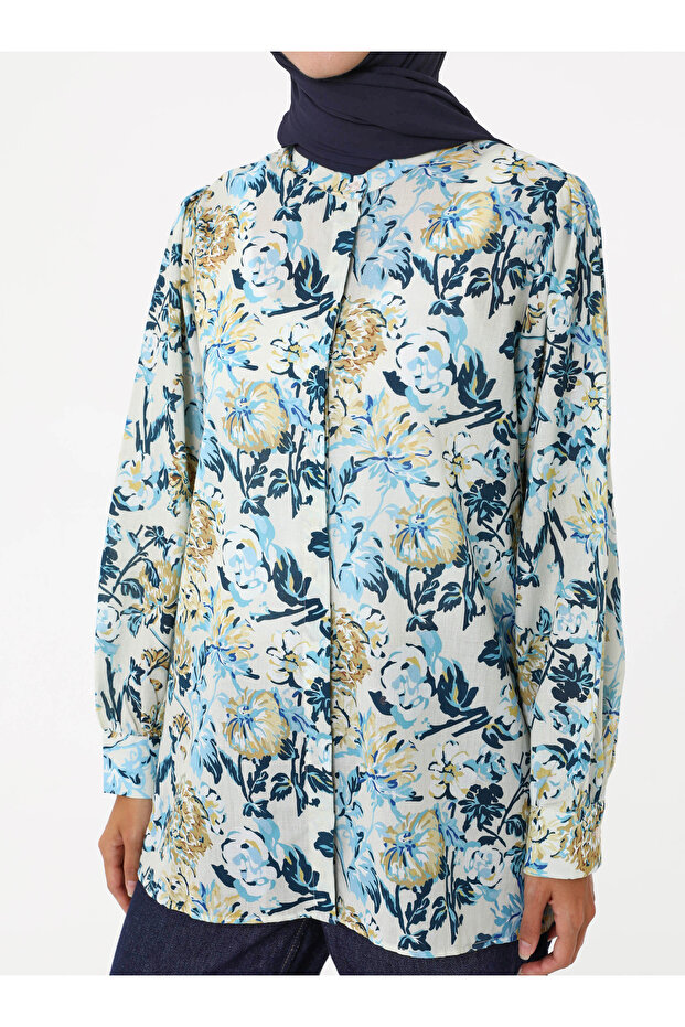 Çiçek Baskılı Vual Tunik - Mavi - - 3