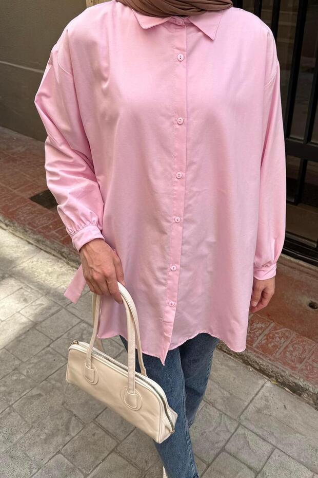 Kol Detaylı Gömlek Oversize Gömlek Pembe - 3