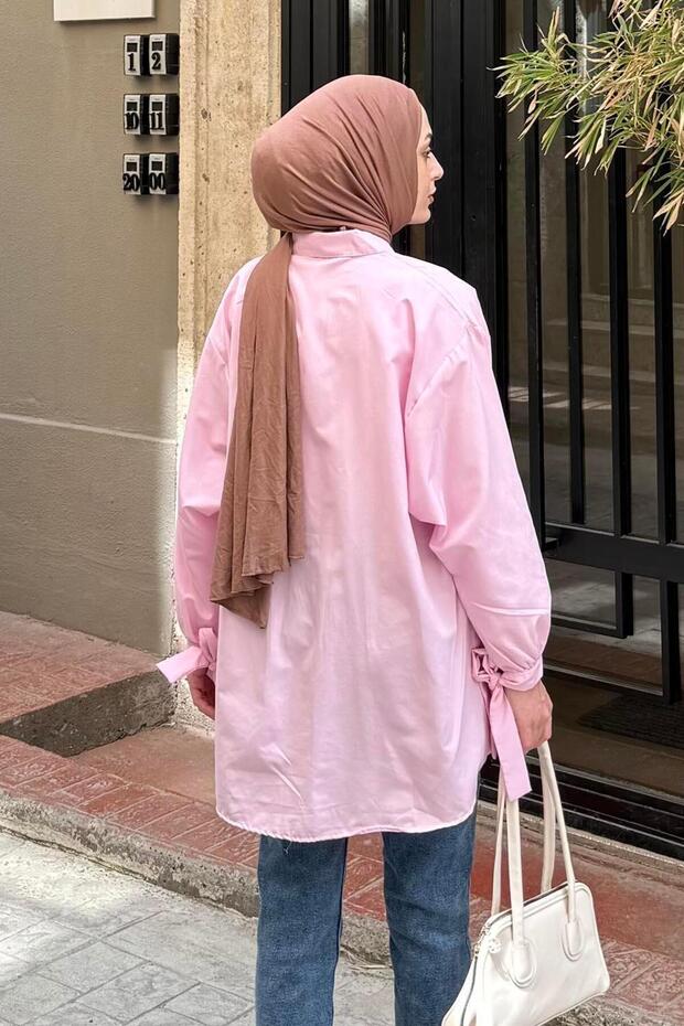 Kol Detaylı Gömlek Oversize Gömlek Pembe - 4