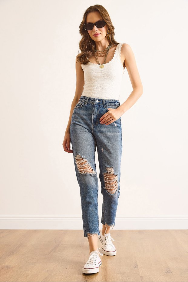 Women's Dark Blue Leg Knee Laser Cut Lycra Free Raised Waist Jean Jea-19000118