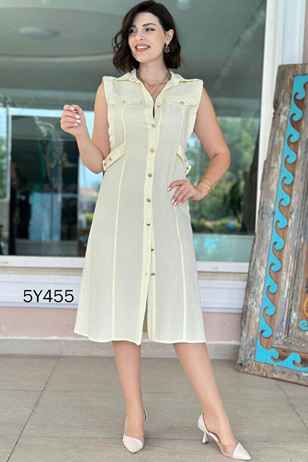 Polo Neck Metal Button Linen Dress 5Y455