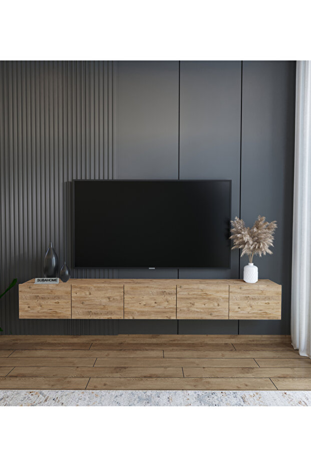 200 cm MDF 5 Kapaklı Dolaplı Minimalist Ahşap Duvara Monte TV Ünitesi – Şık ve Fonksiyonel Tasarım - 3