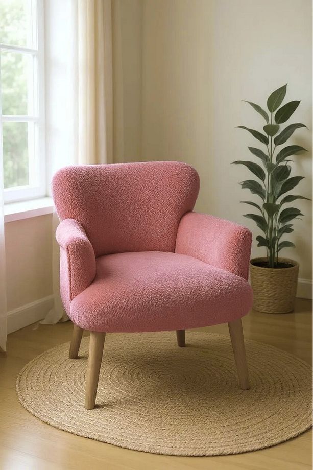 Modern Pudra Pembe Teddy Kumaş Rahat Berjer Tekli Koltuk – Yumuşak Dokulu, Ahşap Ayaklı - 1