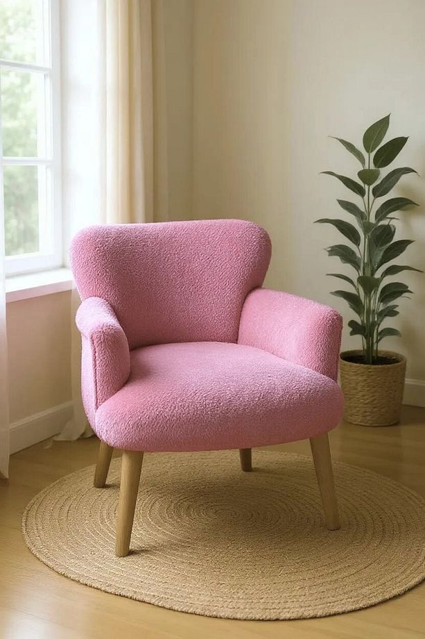 Modern Şeker Pembe Teddy Kumaş Rahat Berjer Tekli Koltuk – Yumuşak Dokulu, Ahşap Ayaklı - 1