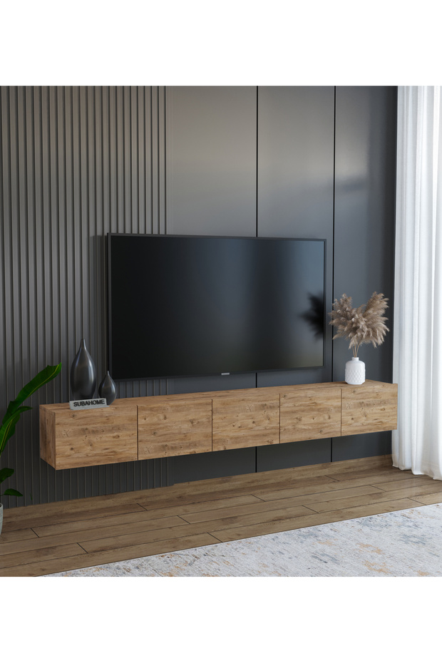 200 cm MDF 5 Kapaklı Dolaplı Minimalist Ahşap Duvara Monte TV Ünitesi – Şık ve Fonksiyonel Tasarım - 1