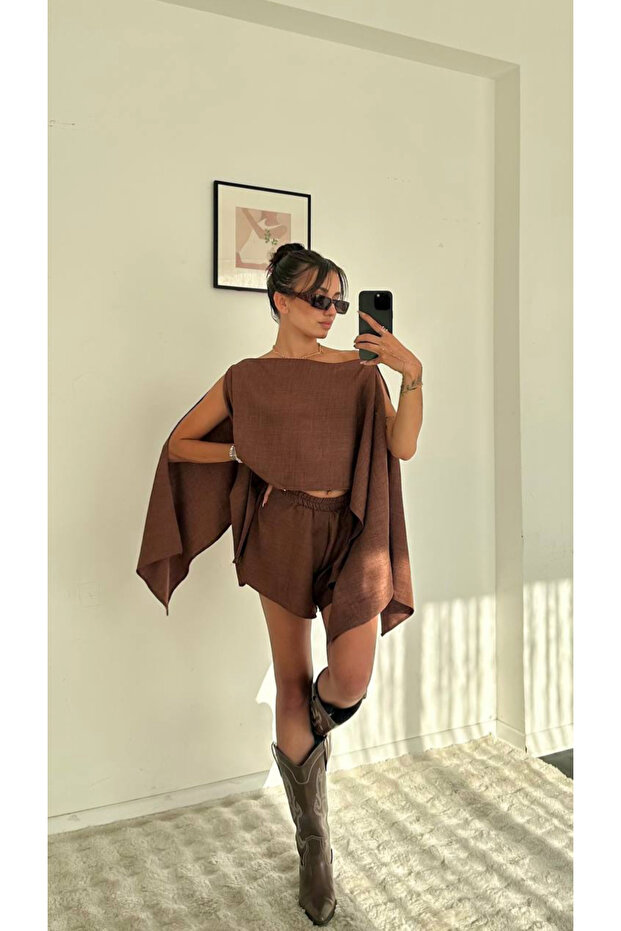 8017 Brown Shoulder Detailed Linen Look Beach Suit Shorts+Blouse