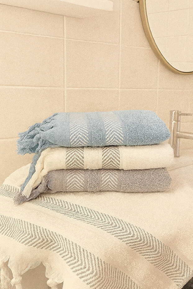 Lora 3-Piece Hand and Face Towel Set – 50X90 cm 100% Cotton, Soft Textured, Knitted Fringed