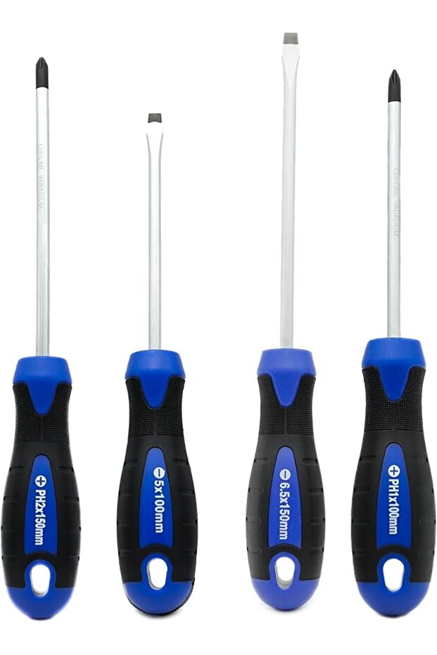 4-Piece Magnetic Screwdriver Set, Phillips & Slotted, Non-Slip Handle, Blue, VT2215