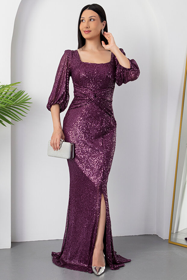 Kare Yaka Önü Bağalamalı Yırtmaçlı Elbise AP-3020 - 1