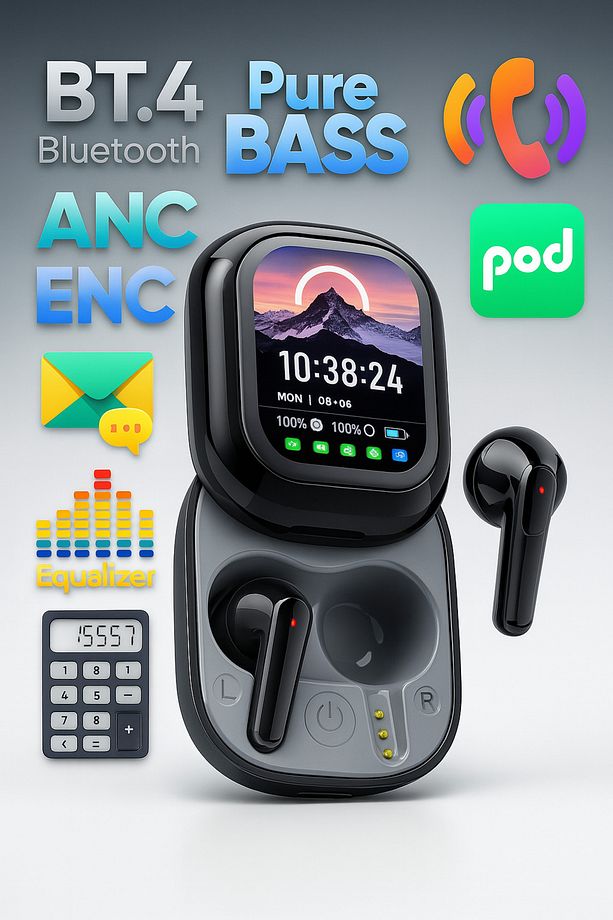 Kişiselleştirilebilir LED Ekran Renkli Dokunmatik Ekranlı Kablosuz Bluetooth Kulaklık Akıllı Kutulu - 1