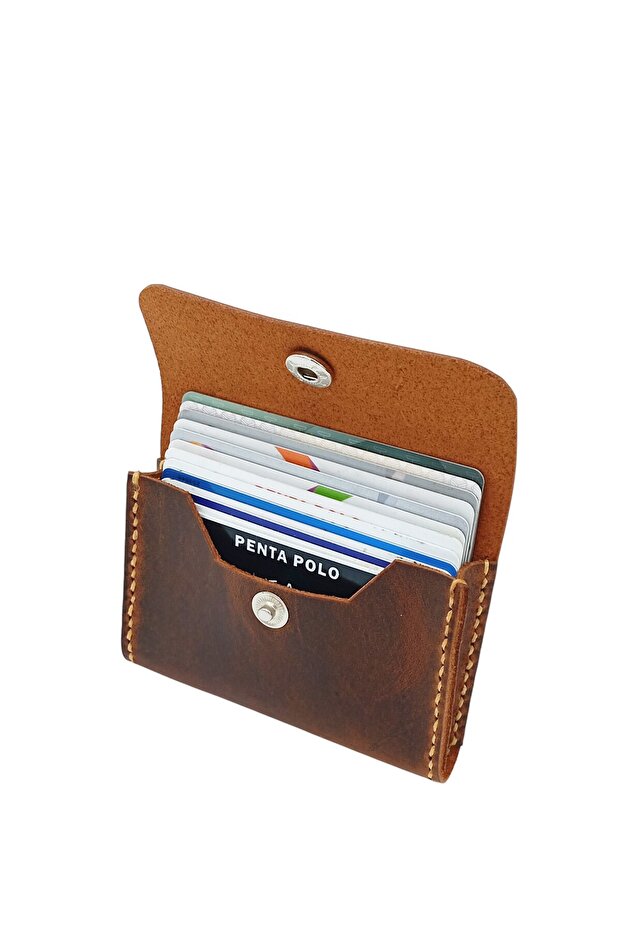 Genuine Leather Handmade Men's Card Holder Wallet - Stitched Detail