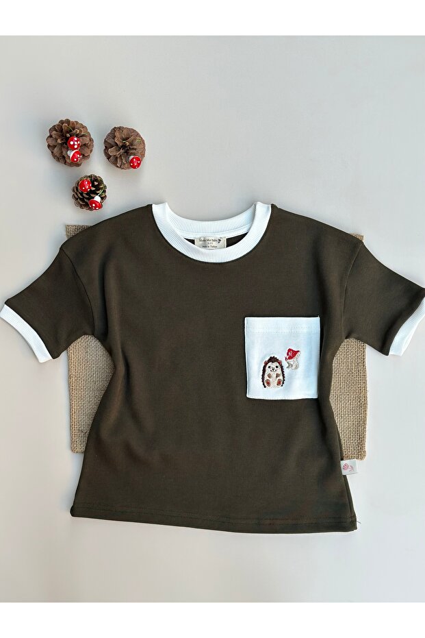 Hedgehog Embroidered Pocket Oversize T-Shirt - Khaki 100% Cotton