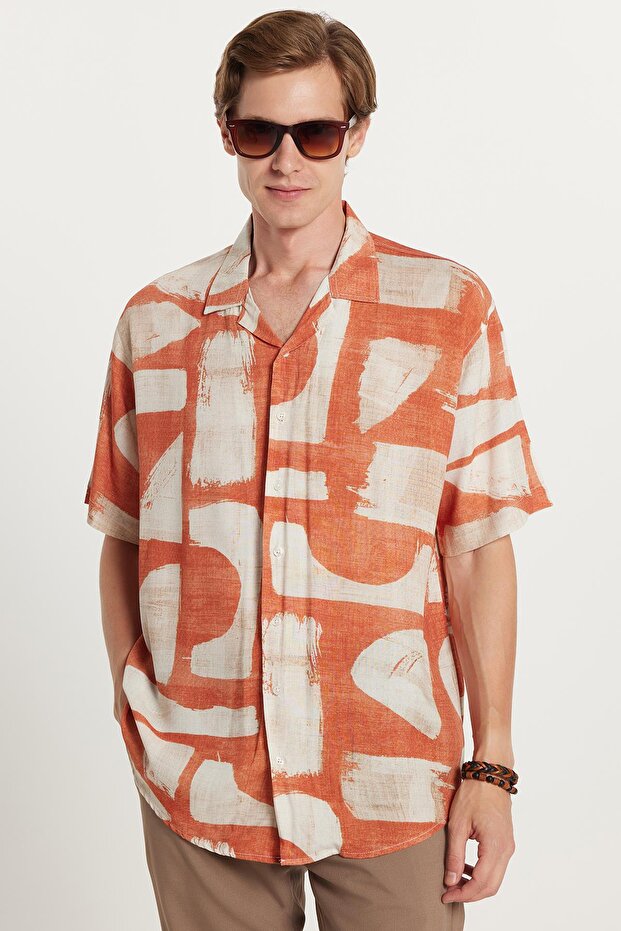 Men's Relax Fit Relaxed Cut Short Sleeve Apaş Collar Viscose Printed Shirt