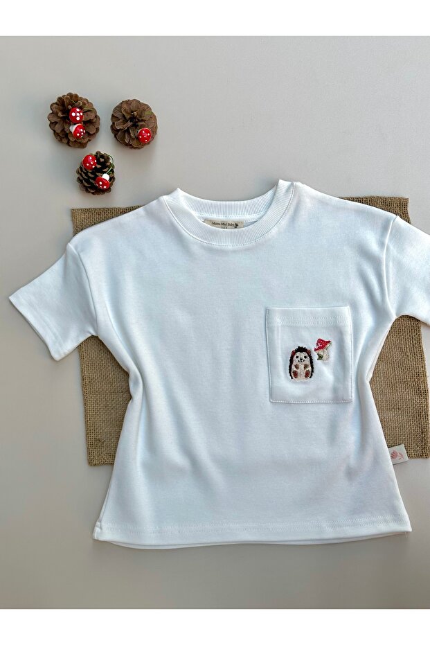 Hedgehog Embroidered Pocket Oversize T-Shirt White - 100% Cotton