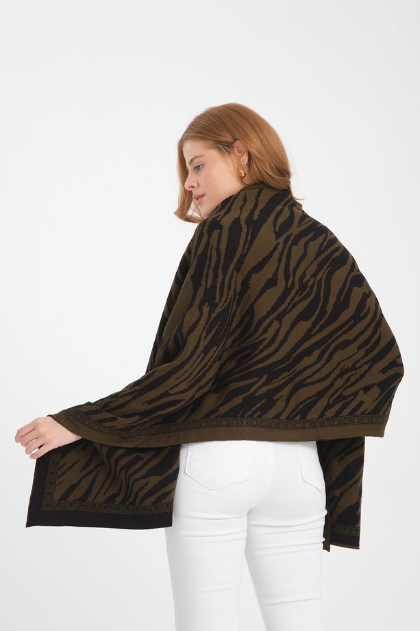 T-Crazy Knitwear Zebra Desen Çift Katlı ve Çift Yüzlü Triko Örme Omuz Şalı - 4