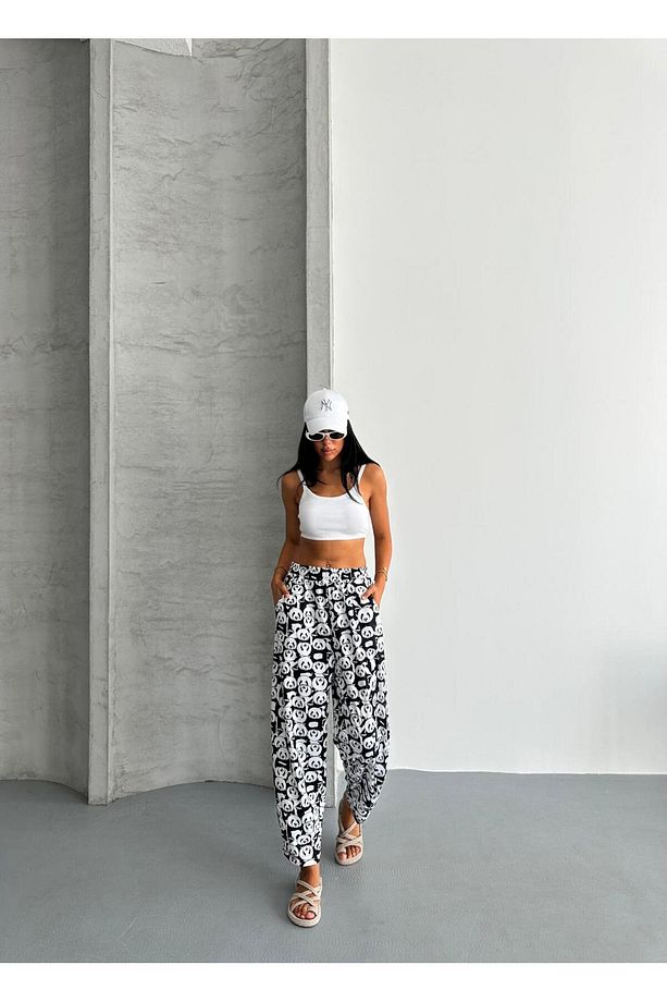 ŞALVAR MODEL YÜKSEK BEL BOL KALIP DESENLİ JOGGET EŞOFMAN PANTOLON - 5