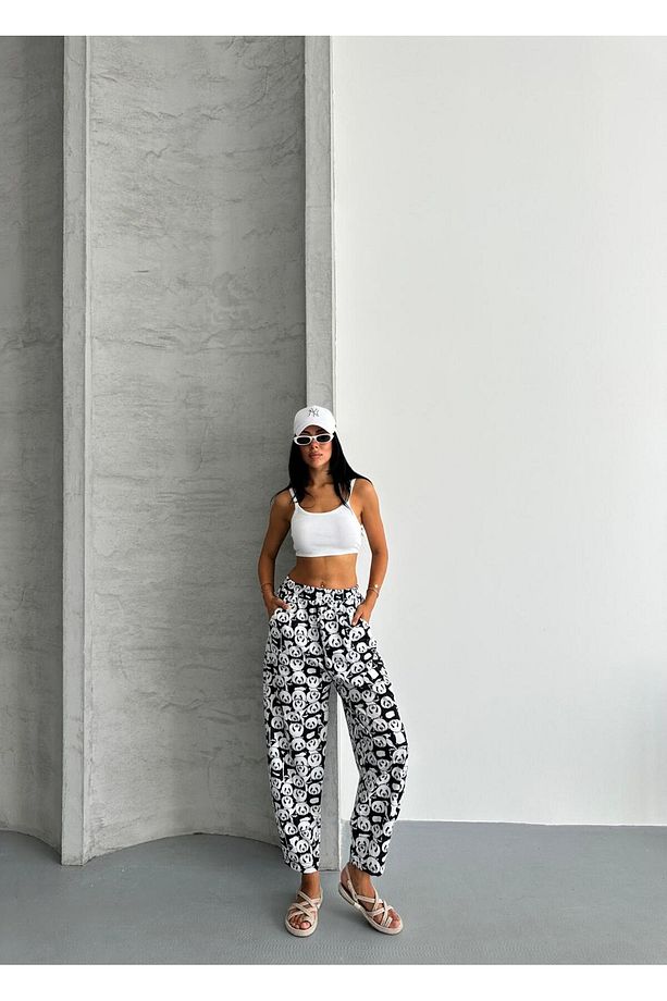 ŞALVAR MODEL YÜKSEK BEL BOL KALIP DESENLİ JOGGET EŞOFMAN PANTOLON - 9